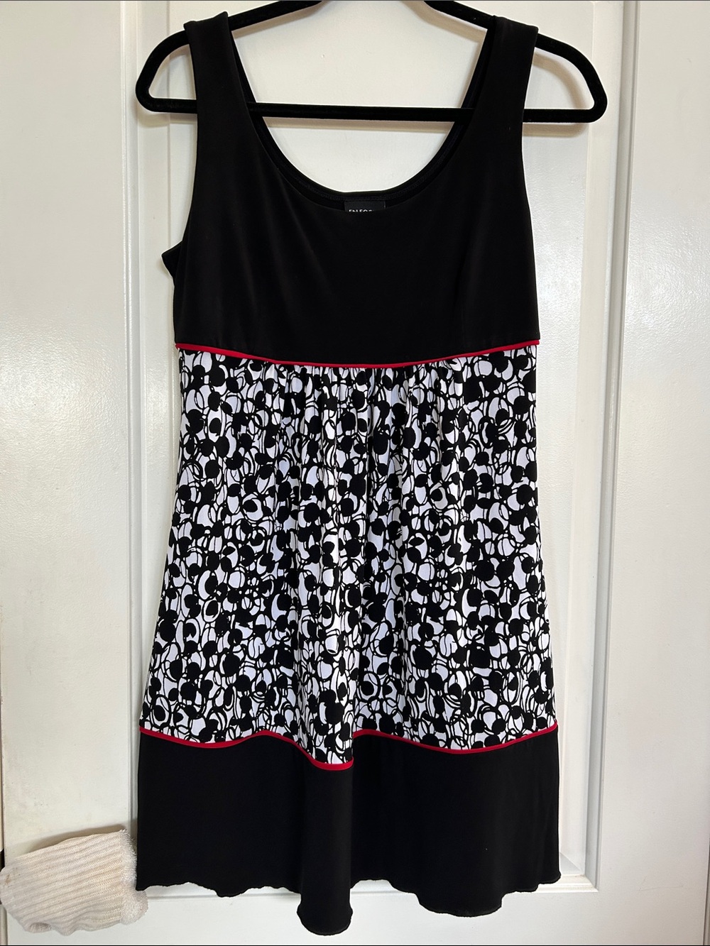 Black & White Printed Tank Dress with  Red Trim